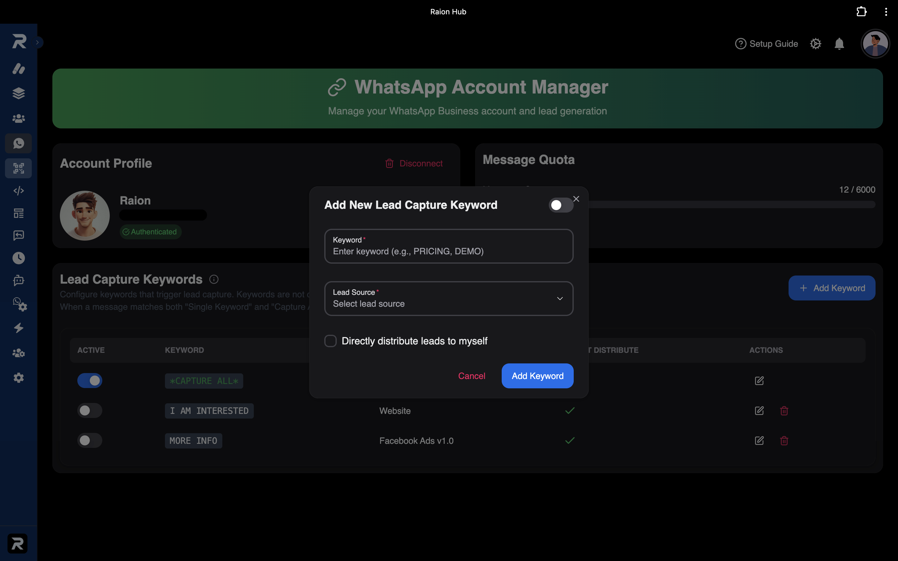 WhatsApp Keyword Setup